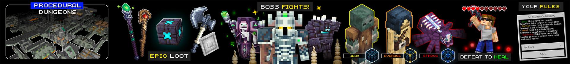 Panorama of the Minecraft Bedrock Marketplace product Dungeon Crawler Add-On created by Tsunami Studios.