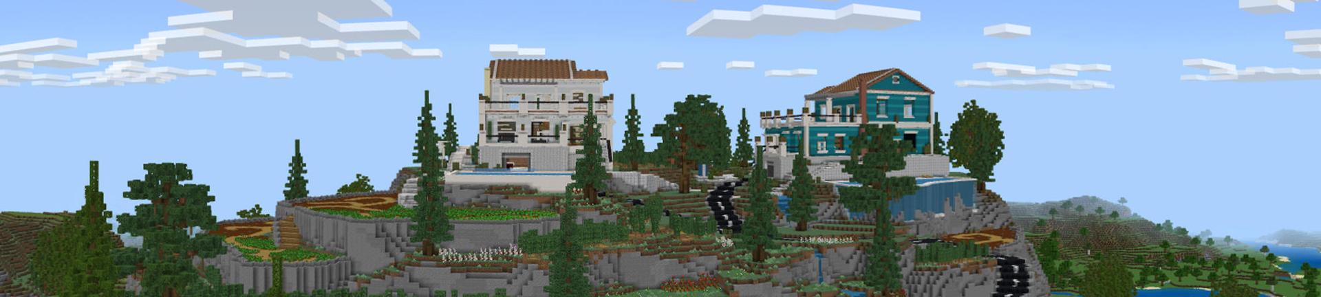Panorama of the Minecraft Bedrock Marketplace product Greek Lakeside Mansions created by Waypoint Studios.