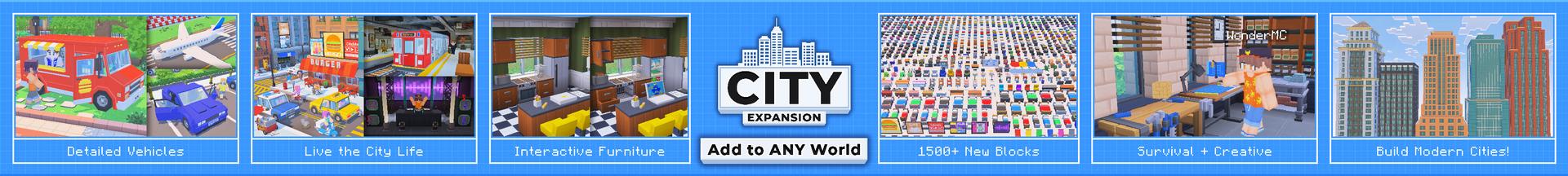 Panorama of the Minecraft Bedrock Marketplace product City Expansion Add-On created by Wonder.