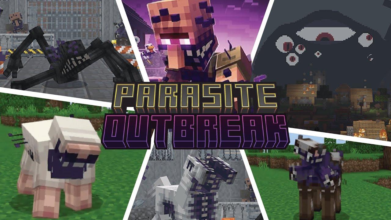 Parasite Outbreak add-on artwork showing infected Minecraft mobs in a horror-themed collage